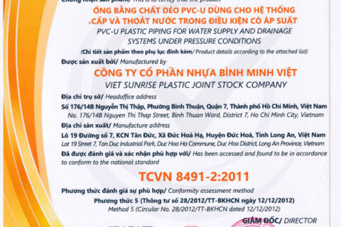 Thông báo CÔNG TY CP NHỰA BÌNH MINH VIỆT đạt chứng nhận TCVN 8491-2:2011 và TCVN 8491-3:2011