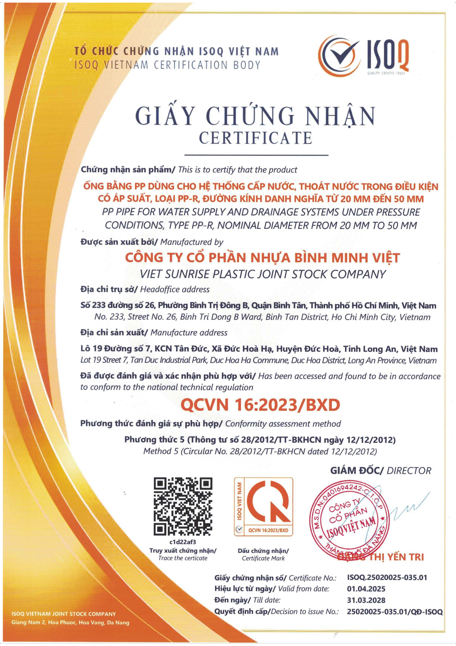 Giấy Chứng Nhận Hợp Quy - Ống PPR