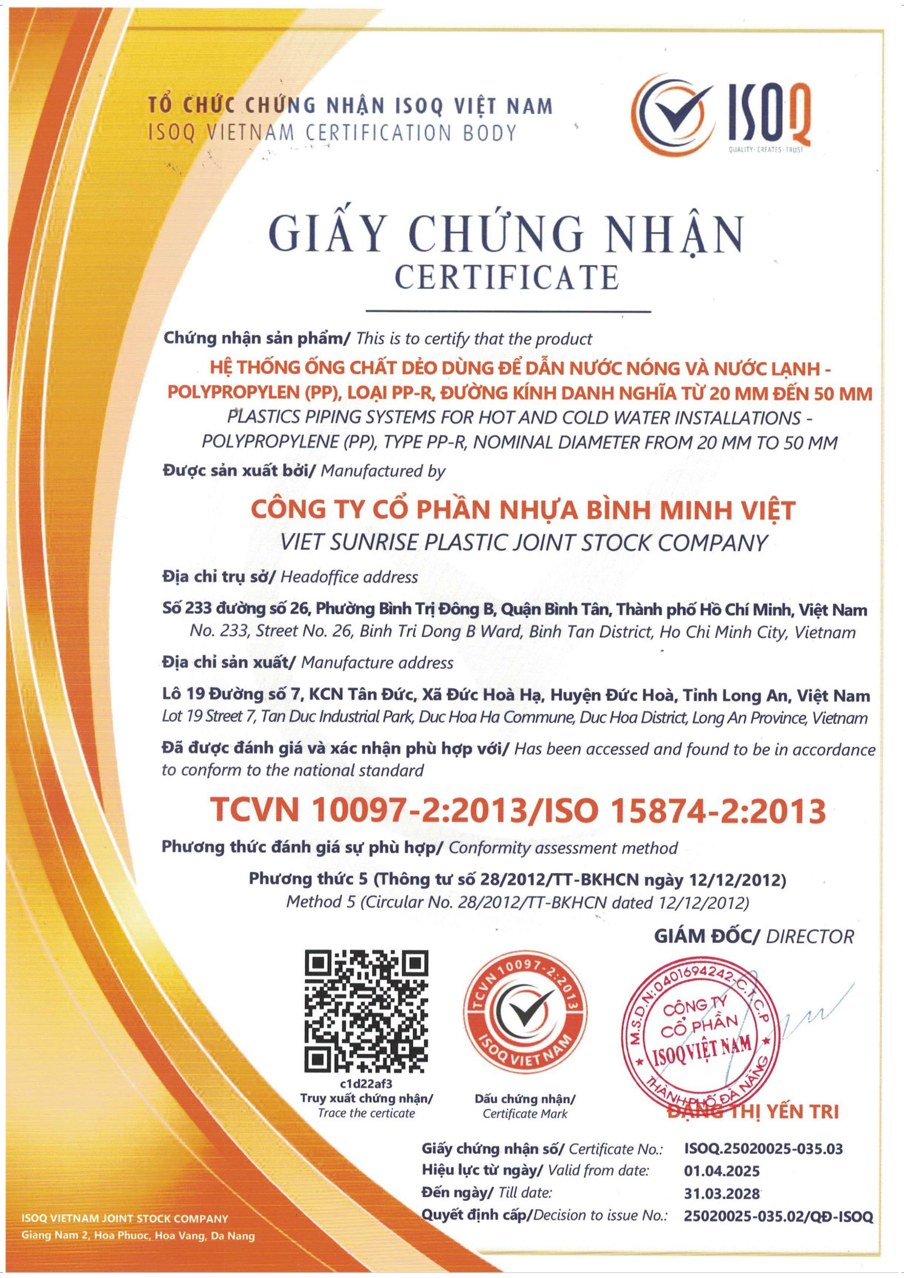 Giấy Chứng Nhận Hợp Chuẩn - Phụ Kiện cho Ống nhựa PPR