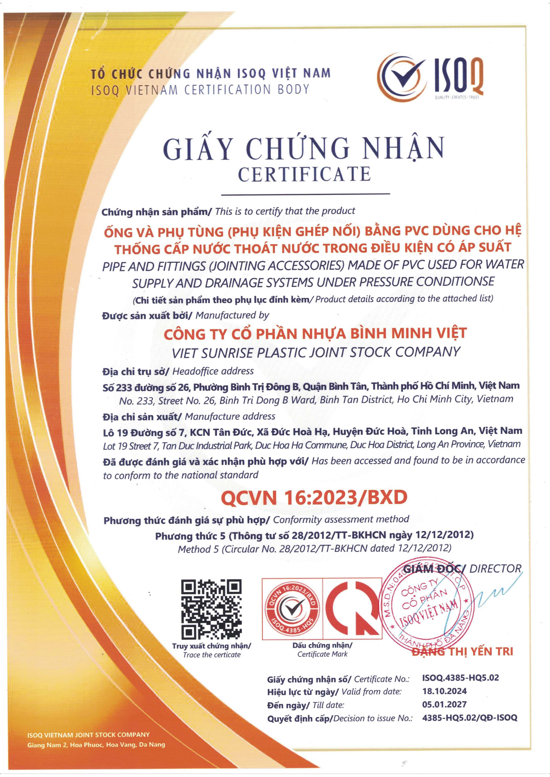 Giấy Chứng Nhận Hợp Quy - Ống PVC-U và Phụ tùng Ống PVC-U