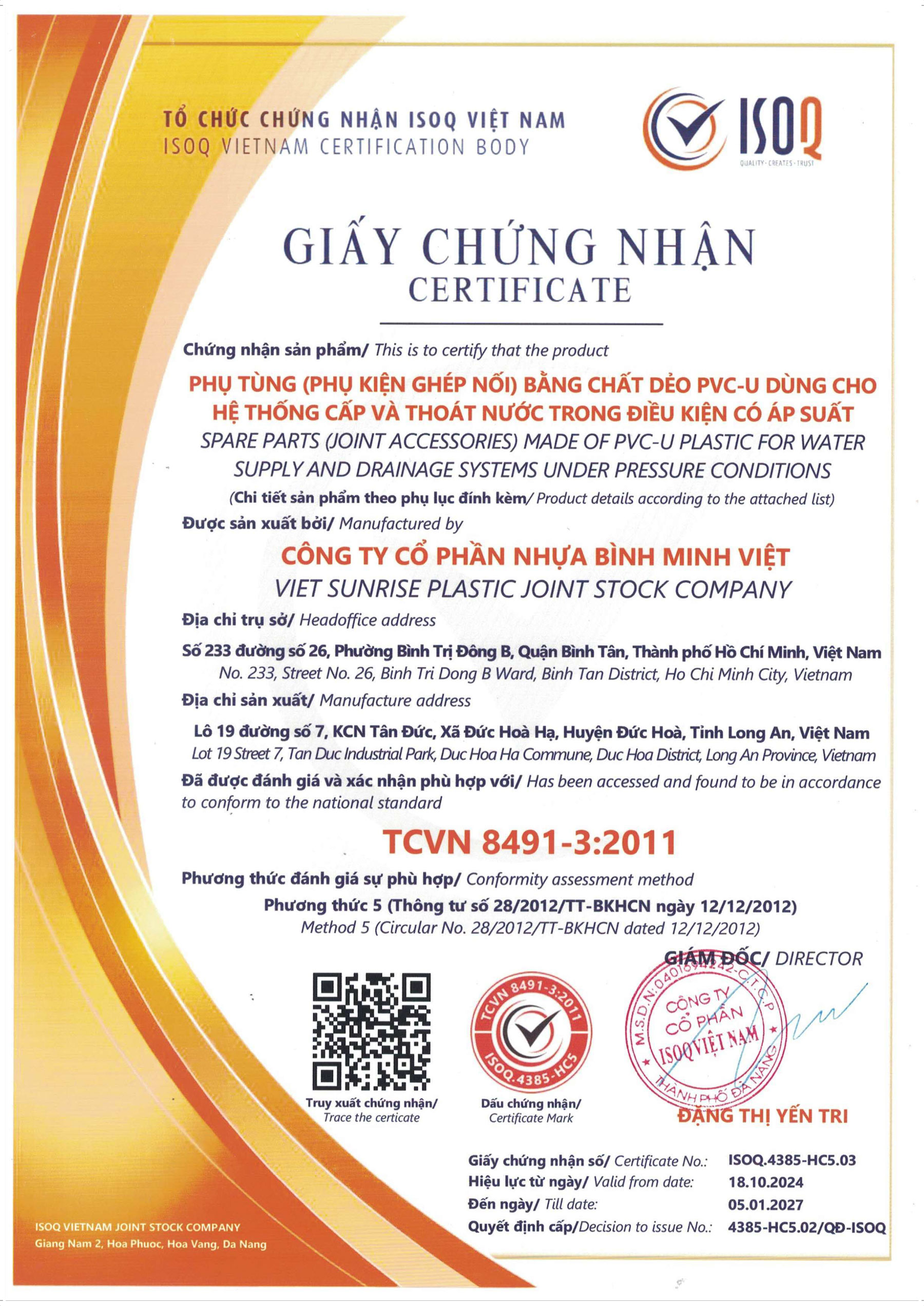 Giấy Chứng Nhận Hợp Chuẩn - Phụ Kiện cho Ống nhựa PVC-U